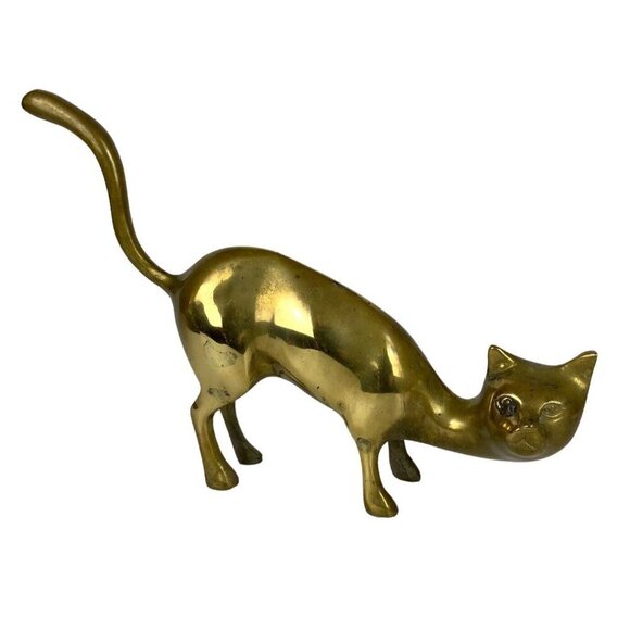 Antique Cast Brass Cat Figurine With Raised Tail Mid Century Decor - Picture 1 of 5